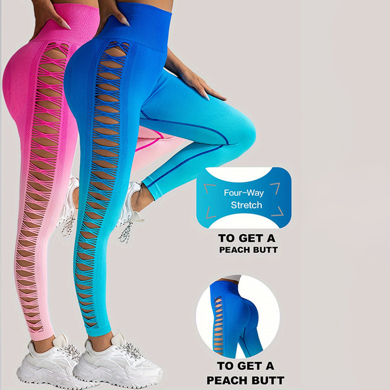 2er-Pack ausgeschnittene Ombre-Farbverlaufsfarben, hohle, hoch taillierte Po-Lifting-Fitness-Yogahosen für Damen, hoch taillierte Yogahosen für Damen mit Aussparungen, zerrissen, superweich und bequem, schmal