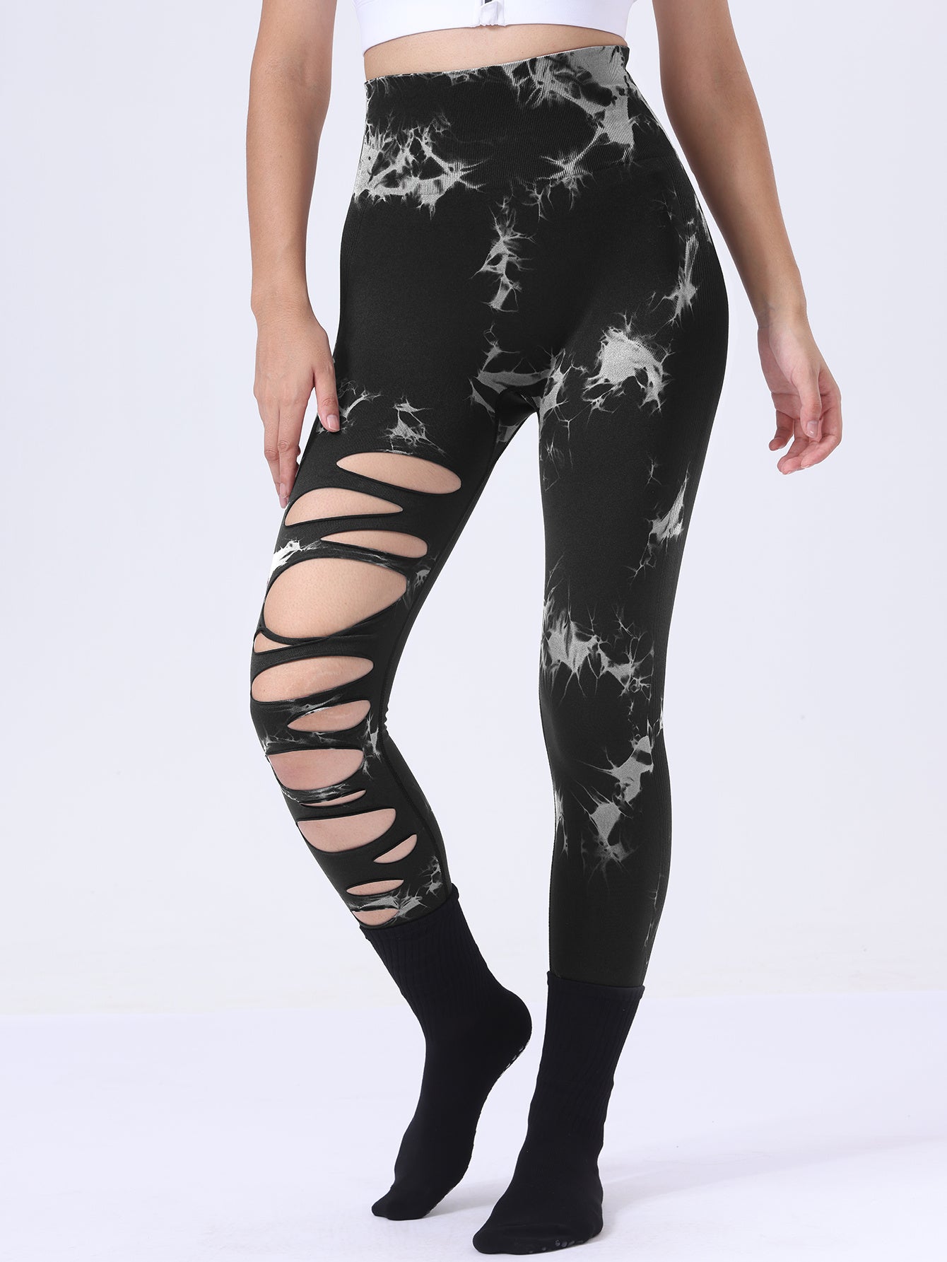 Po-Lifting-Yoga-Fitness-Sporthose, ausgehöhlte Bauchkontrolle-Sport-Leggings mit Batikmuster, Laufhose