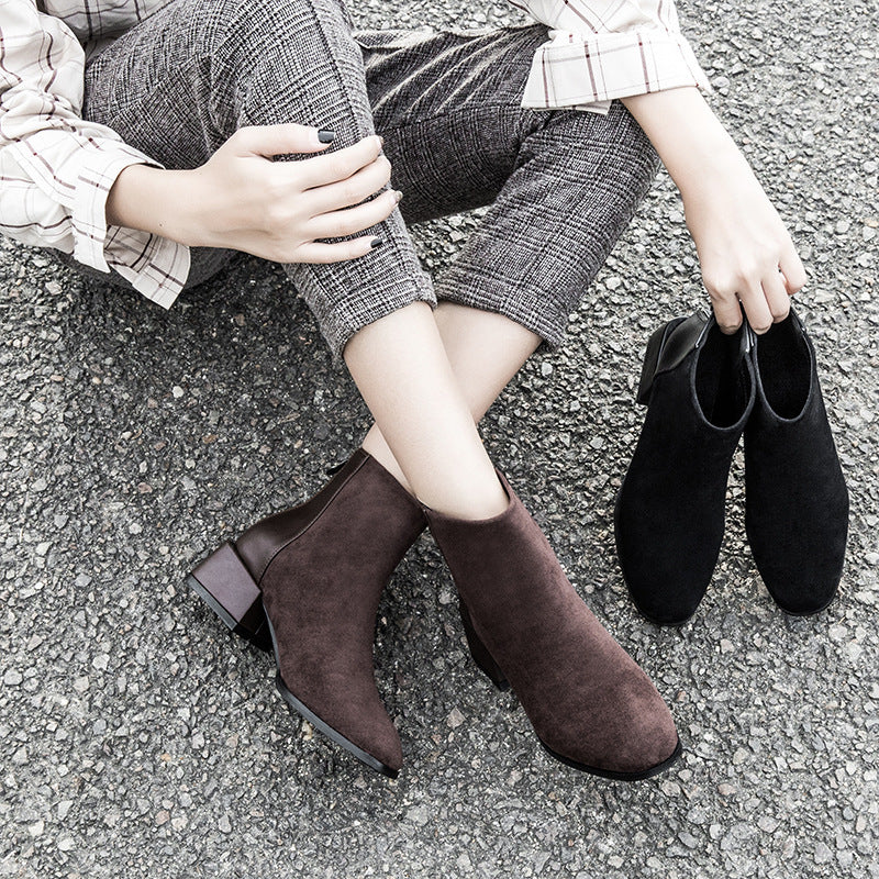 Retro Square Heel Spitzschuh Stiefeletten Mode Vielseitig Chelsea Boot Damenschuhe