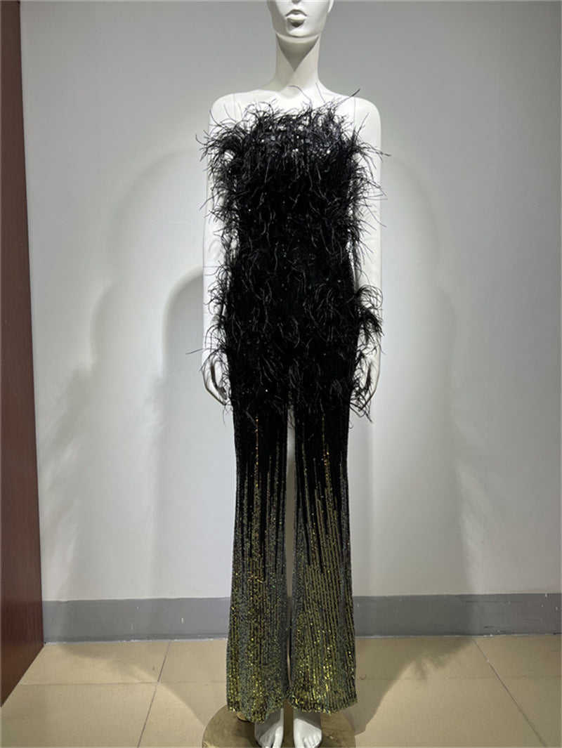 Stylish Ostrich Feather Gradient Sequin Tube Top Jumpsuit for Everyda
