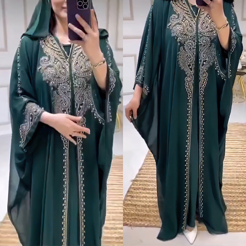 Stylish Rhinestone Beaded Muslim Long Gown African Hooded Dress for E