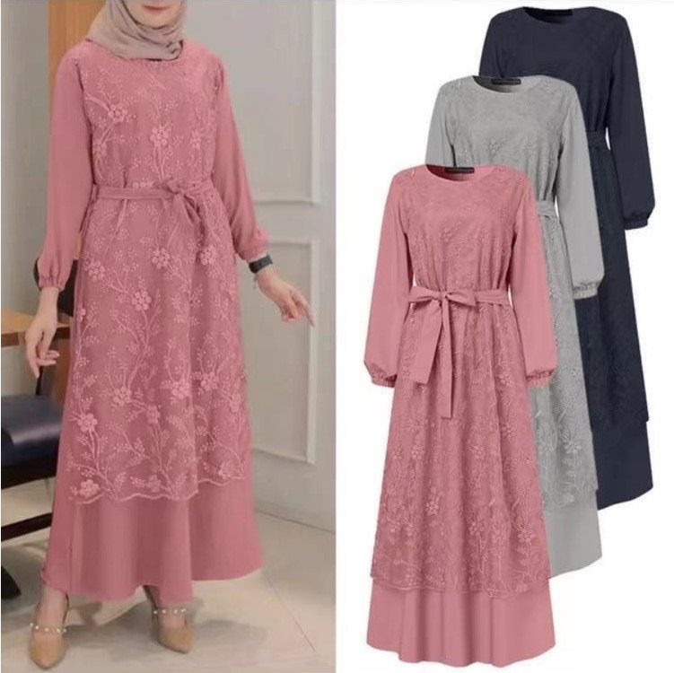 Muslimisches Kleid mit Rundhalsausschnitt und Blumenstickerei