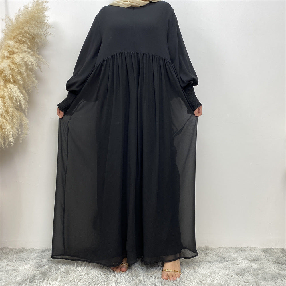 Muslimisches schlichtes, einfarbiges plissiertes Chiffonkleid mit Gummizug