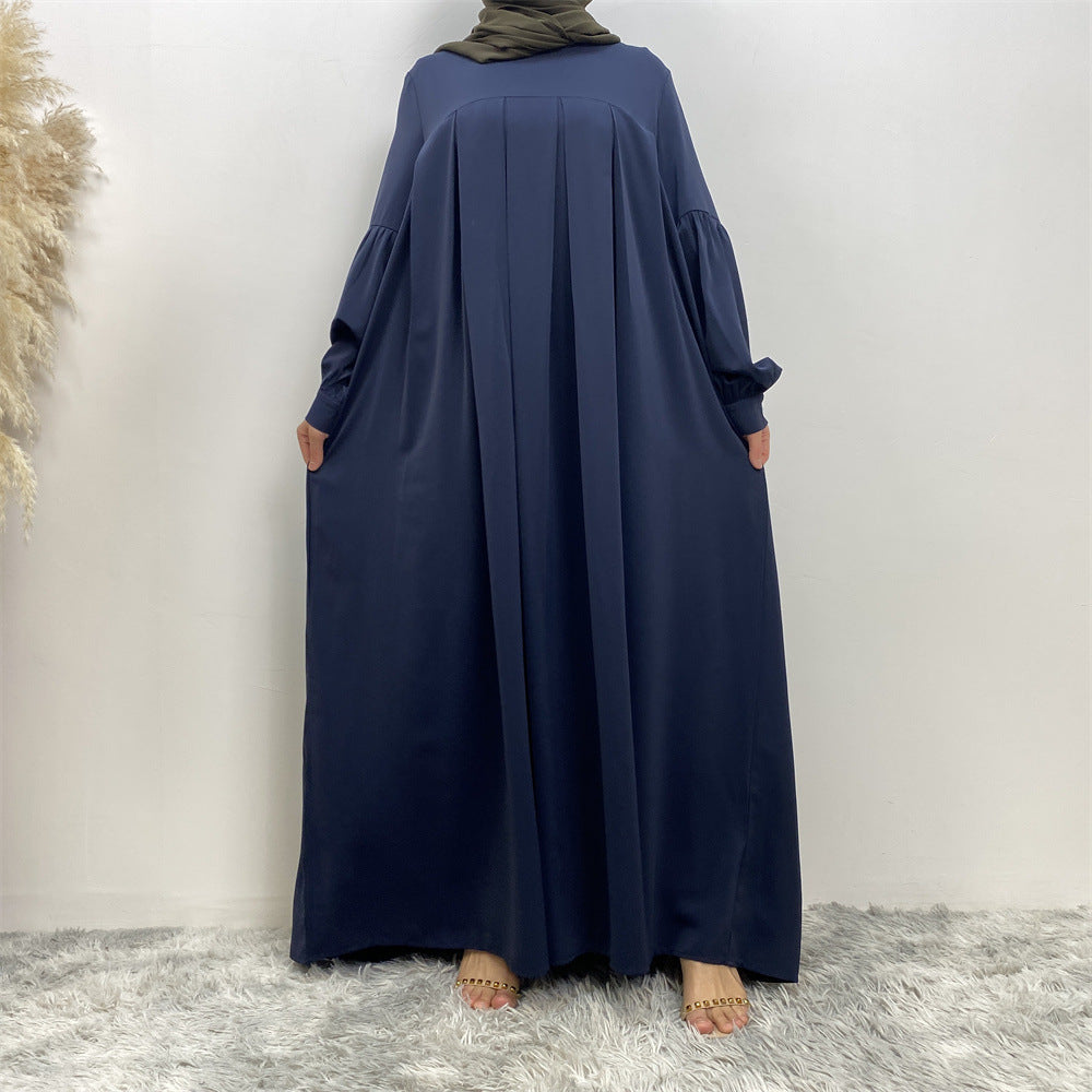 Robe musulmane plissée unie à col rond
