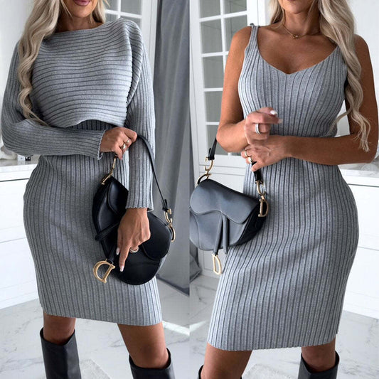 2-teiliger Anzug für Damen, einfarbig, gestreift, langärmeliges Oberteil und enger Hosenträgerrock, modische Herbst-Winter-Kleidung