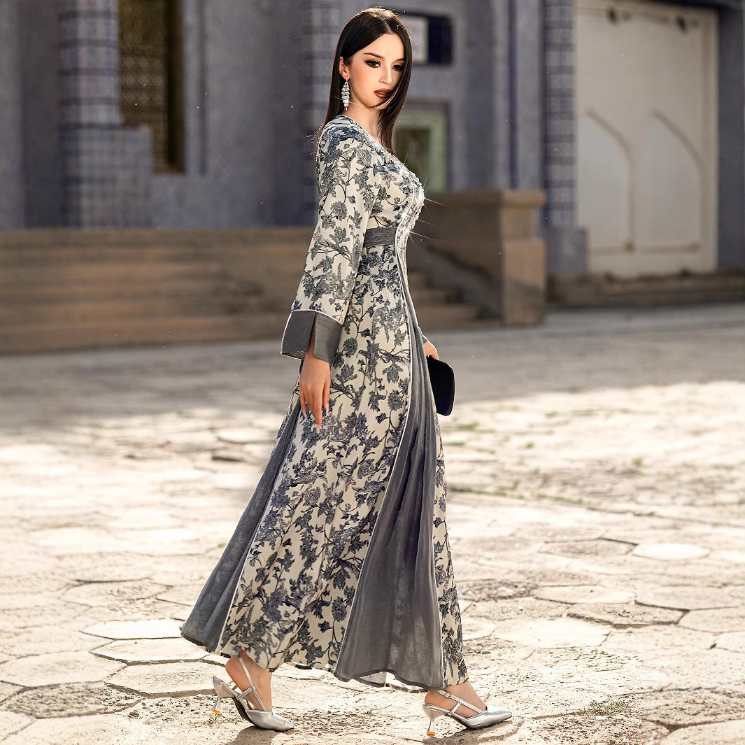Robe musulmane en satin imprimé à col en V