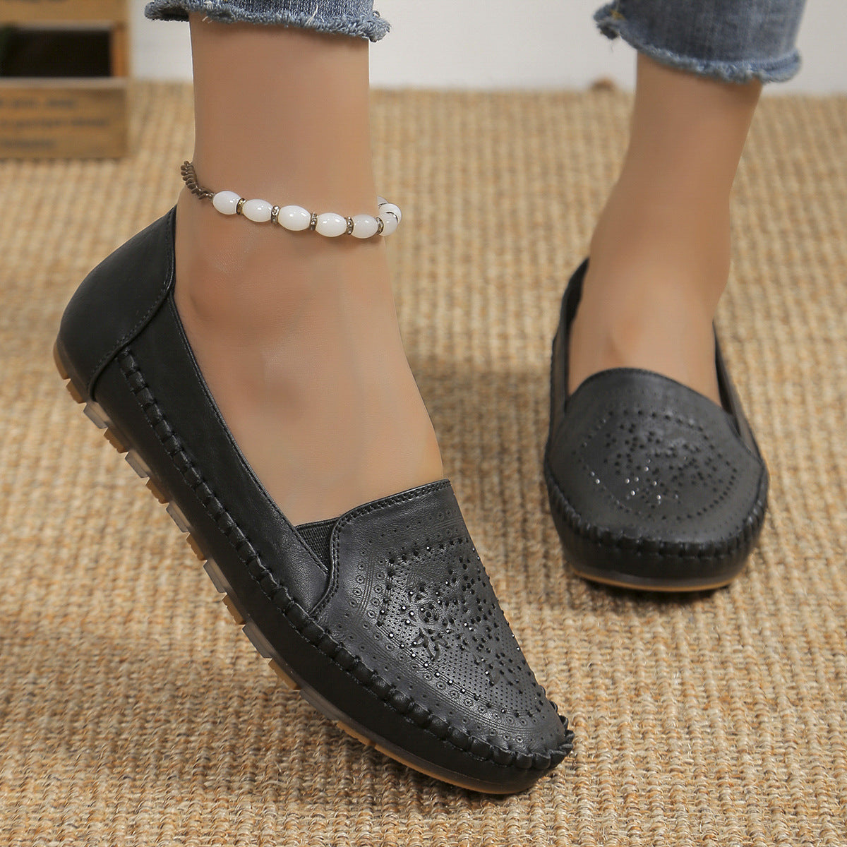 Chaussures décontractées pour femmes, cousues à la main, couleur unie, Gommino