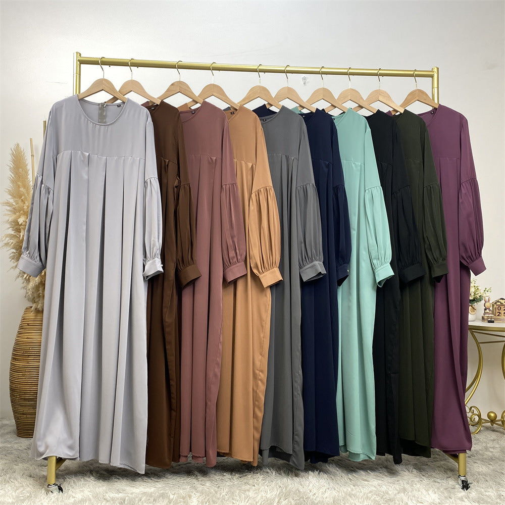 Robe musulmane plissée unie à col rond