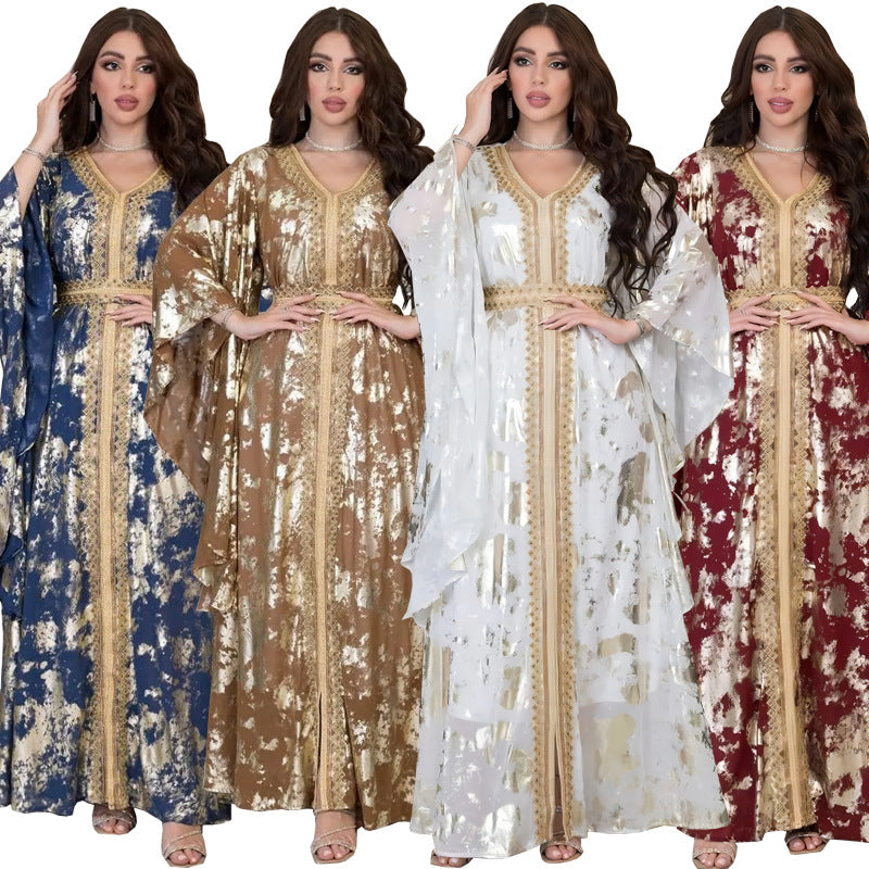 Stylish Muslim Chiffon Bronzing Robe Containing Belt Dress for Everyd