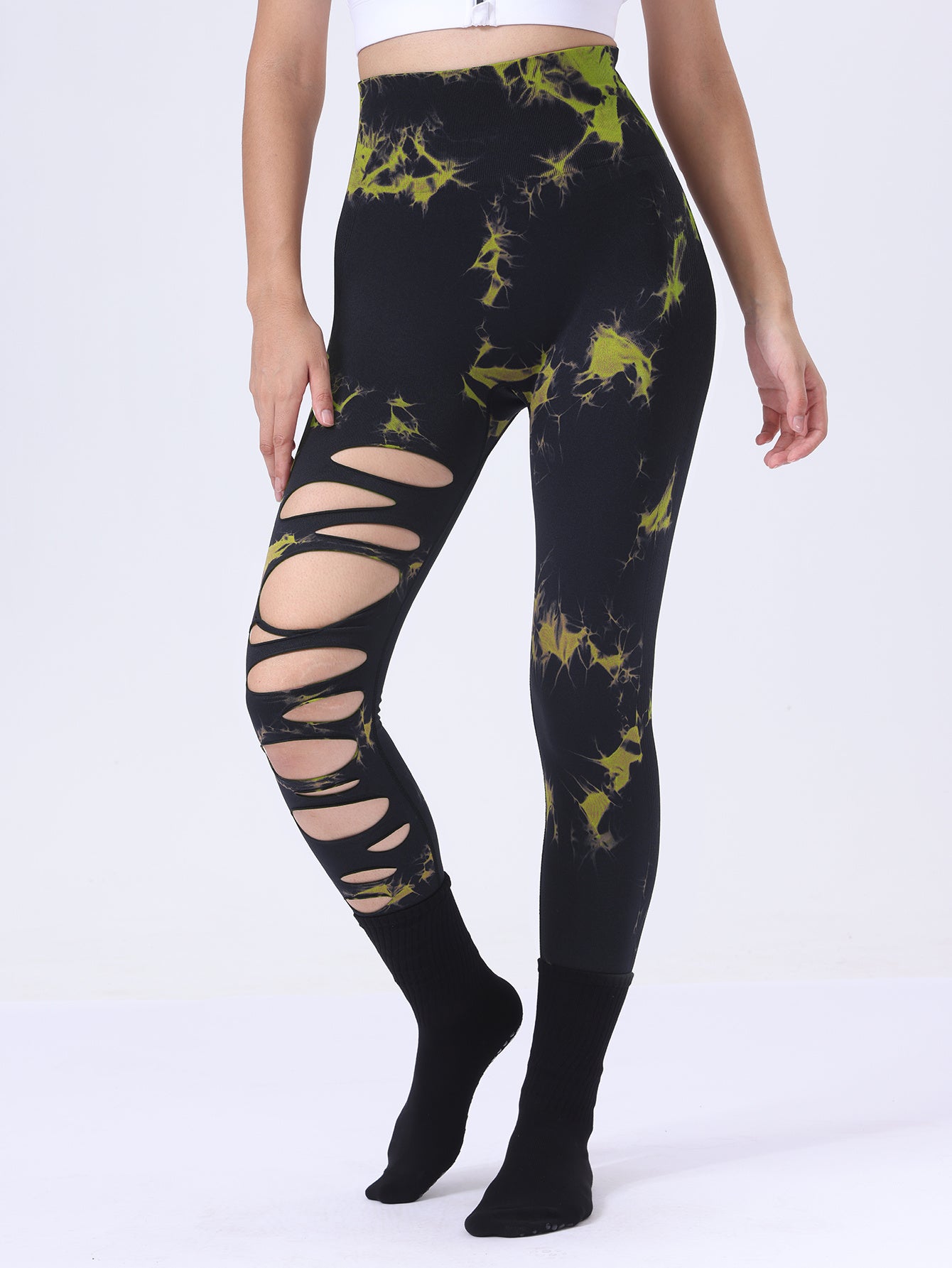 Po-Lifting-Yoga-Fitness-Sporthose, ausgehöhlte Bauchkontrolle-Sport-Leggings mit Batikmuster, Laufhose