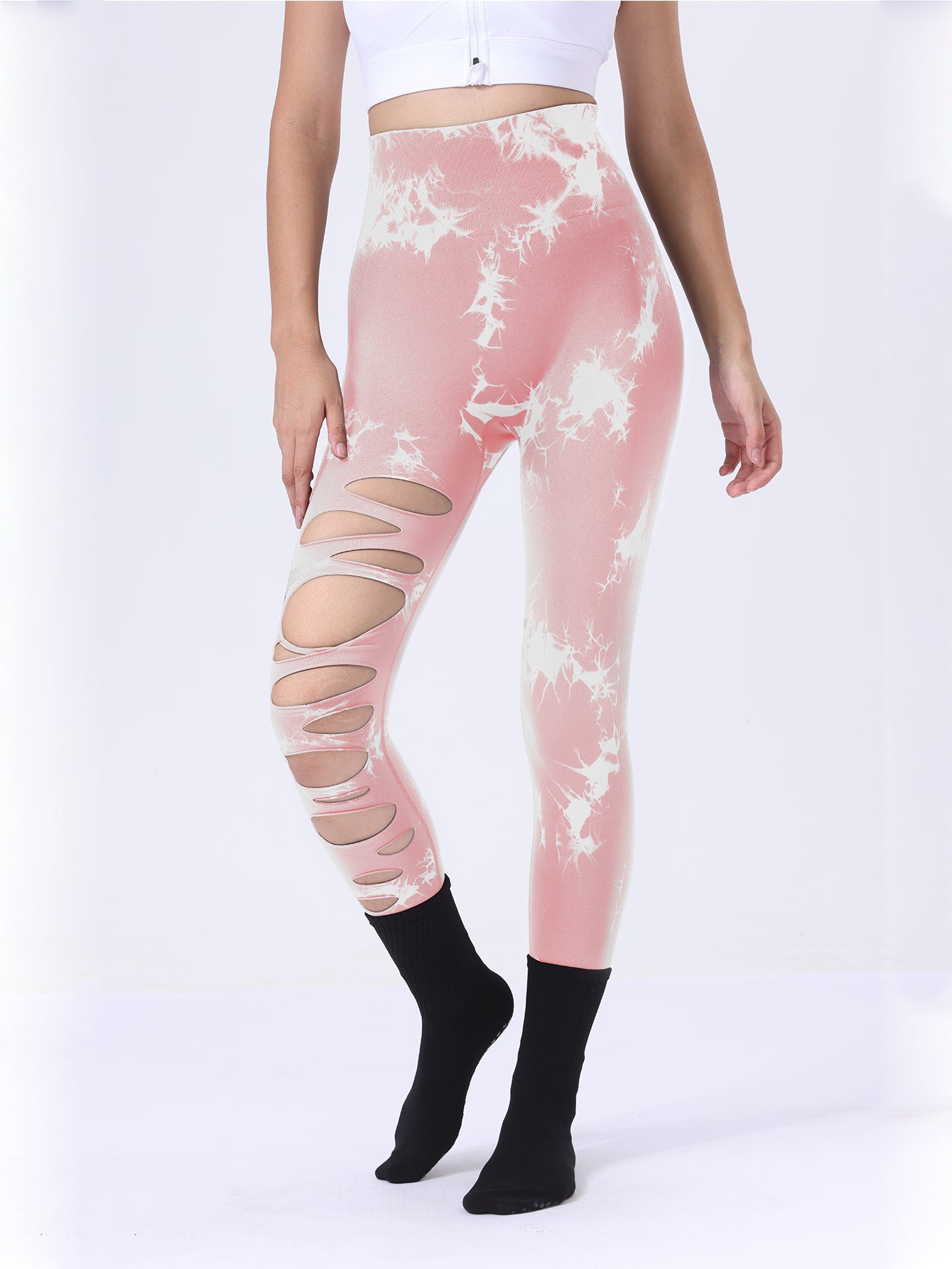 Po-Lifting-Yoga-Fitness-Sporthose, ausgehöhlte Bauchkontrolle-Sport-Leggings mit Batikmuster, Laufhose
