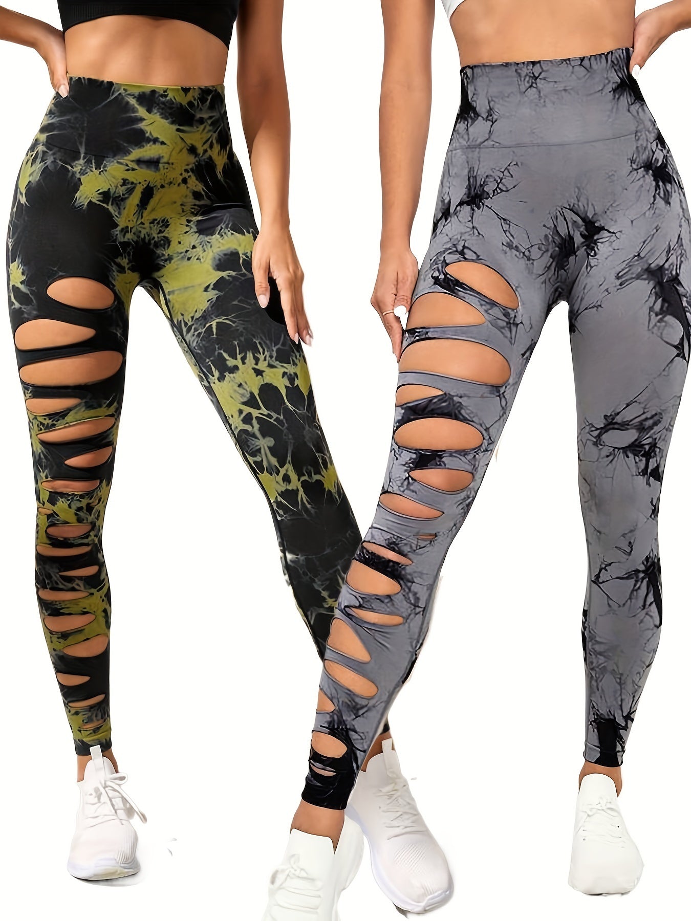 2er-Pack hohle, sexy, hochelastische Damen-Strumpfhosen mit Batikmuster und Ausschnitten, hohe Taille, Workout-Yoga-Leggings, elastische Scrunch-Po-Lifting-Hose, Bauchkontrolle, Po-Lifting, Workout-Yoga-Sporthose