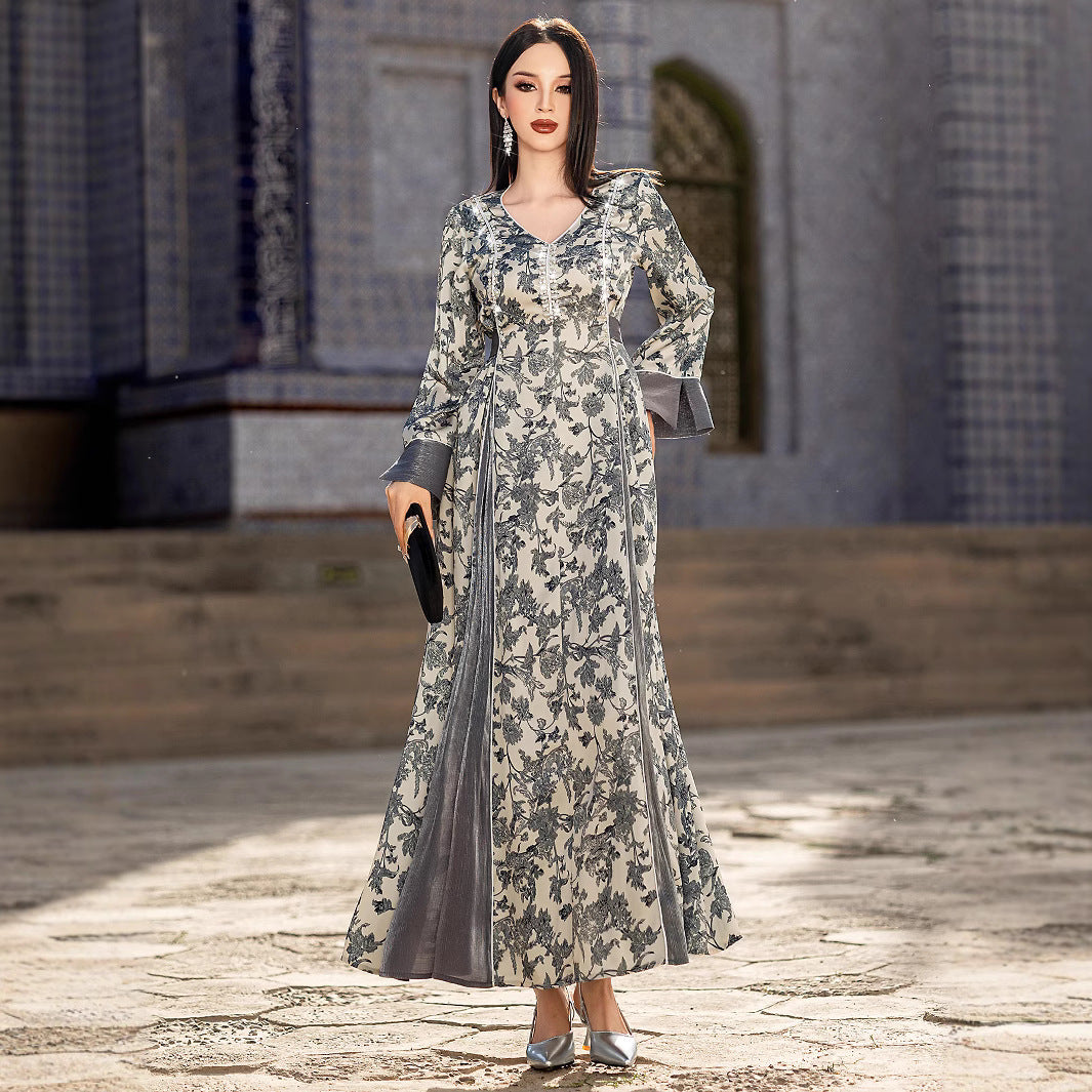 Robe musulmane en satin imprimé à col en V