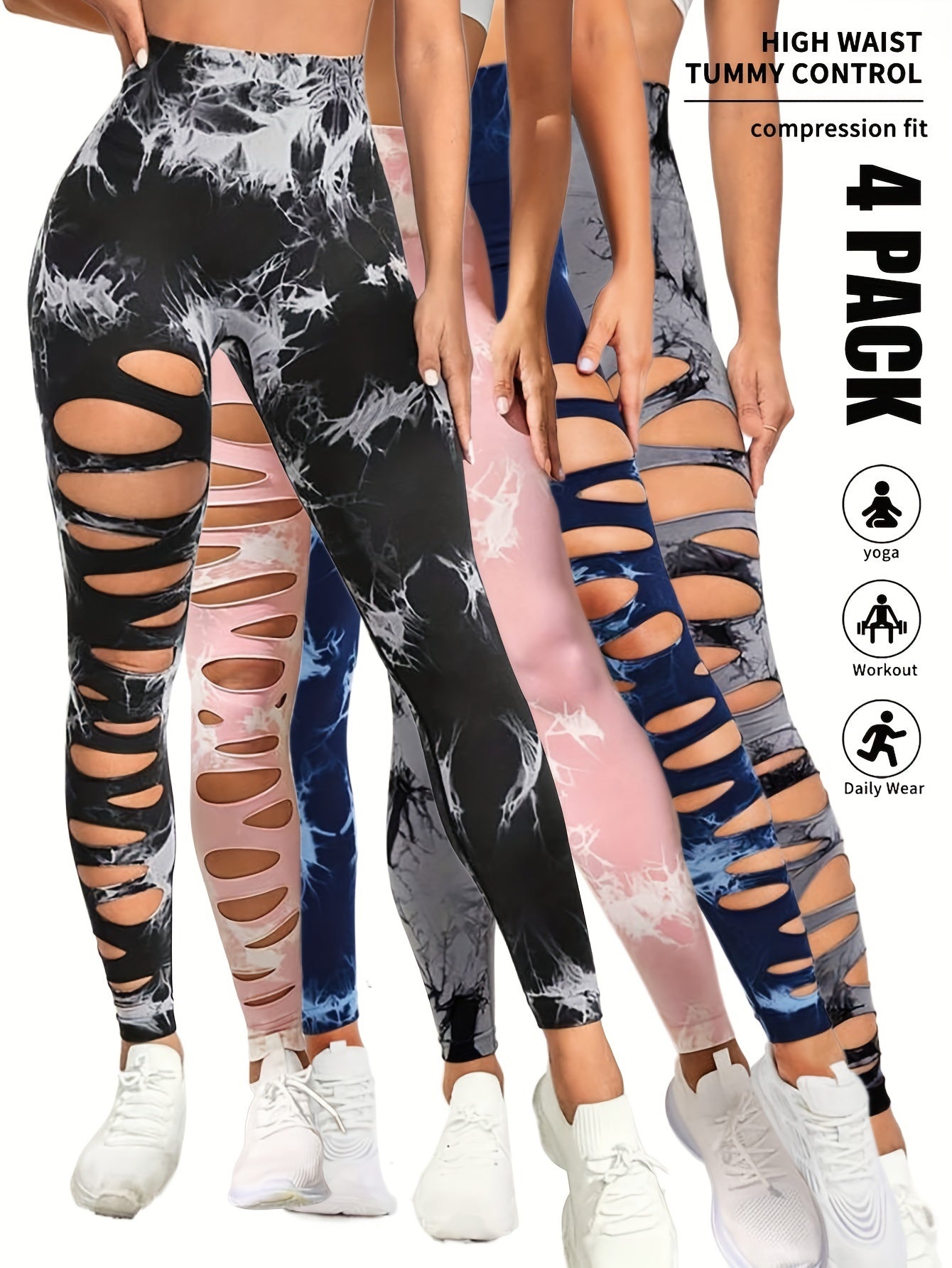 4er-Pack Batik-Workout-Leggings für Damen, hohe Taille, nahtlos, Scrunch Butt Lifting, Gym-Yogahose, elastische Hose