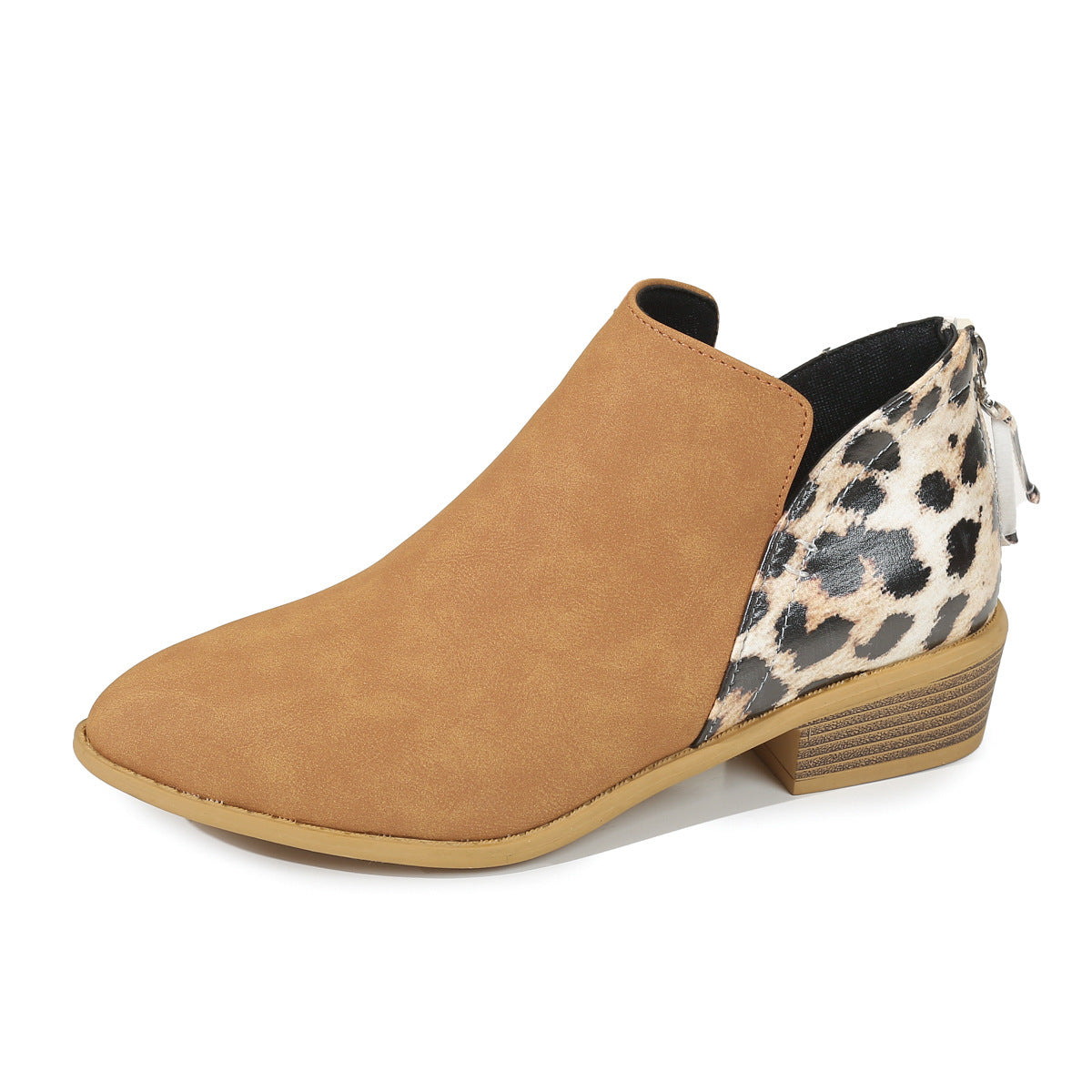 Mode Leopard Print Stiefel Frauen Spitzschuh Blockabsatz Zurück Reißverschluss Schuhe