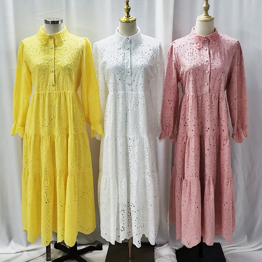 Stylish Muslim Southeast Asia Indonesia Embroidered Hollow Lace Dress