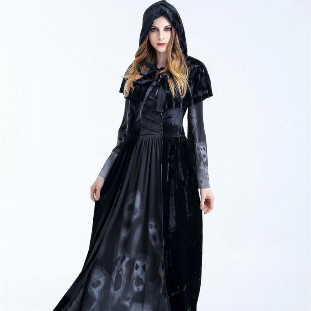 Halloween Femmes Médiéval Gothique Sorcière Maléfique Horreur Peur Costume Cosplay Fête Carnaval Fantôme Longue Robe Noire à Capuche