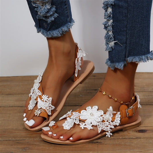 Spitze Sandalen Böhmen Strand Schuhe Blumen Knöchel Riemen Flache Schuhe