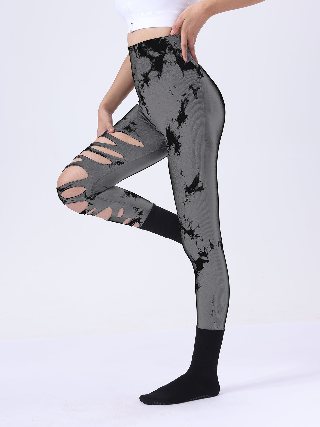 Po-Lifting-Yoga-Fitness-Sporthose, ausgehöhlte Bauchkontrolle-Sport-Leggings mit Batikmuster, Laufhose