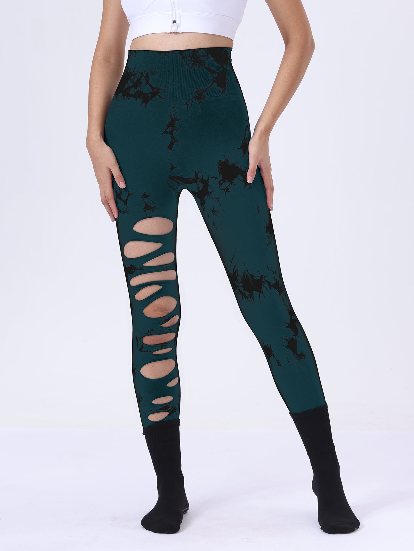 Po-Lifting-Yoga-Fitness-Sporthose, ausgehöhlte Bauchkontrolle-Sport-Leggings mit Batikmuster, Laufhose