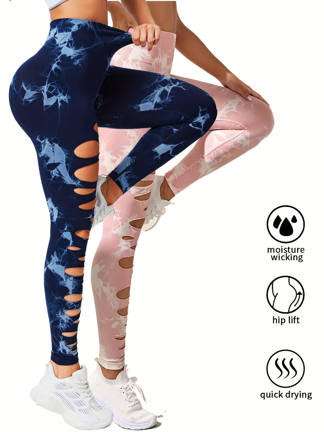 2er-Pack hohle, sexy, hochelastische Damen-Strumpfhosen mit Batikmuster und Ausschnitten, hohe Taille, Workout-Yoga-Leggings, elastische Scrunch-Po-Lifting-Hose, Bauchkontrolle, Po-Lifting, Workout-Yoga-Sporthose