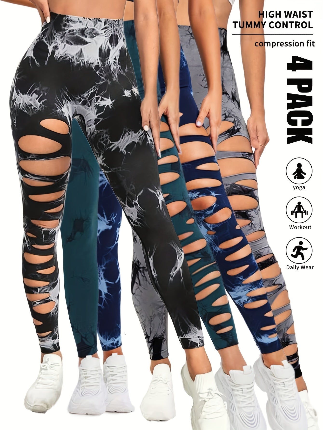 4er-Pack Batik-Workout-Leggings für Damen, hohe Taille, nahtlos, Scrunch Butt Lifting, Gym-Yogahose, elastische Hose