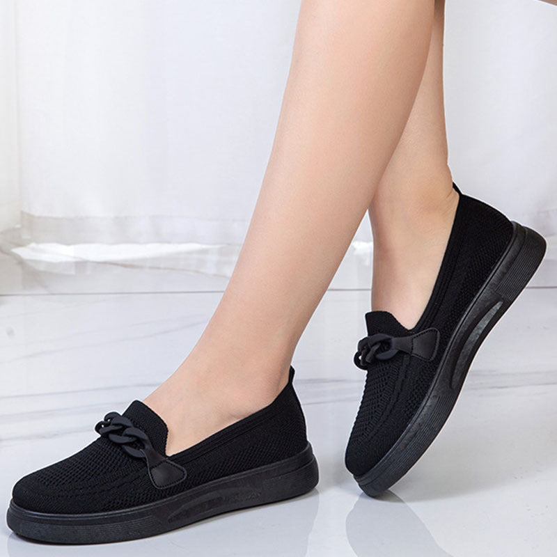 Flache Schuhe mit Kette für Damen, bequeme Slip-On-Schuhe mit runder Spitze