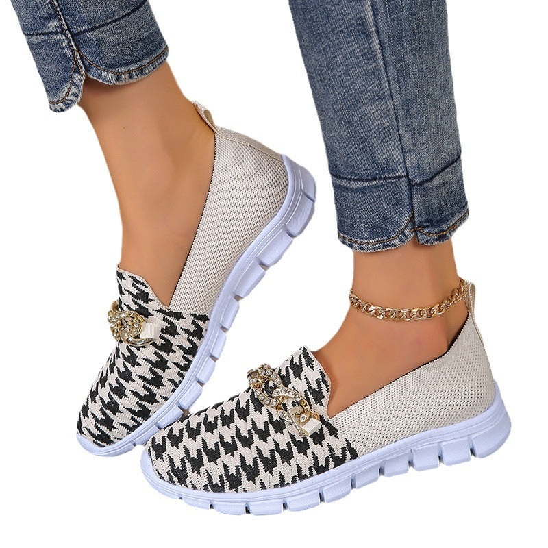 Lässige Hahnentrittmuster-Ketten-Mesh-Schuhe Sommer-Wandersport-Flachschuhe Damen Atmungsaktive Slipper