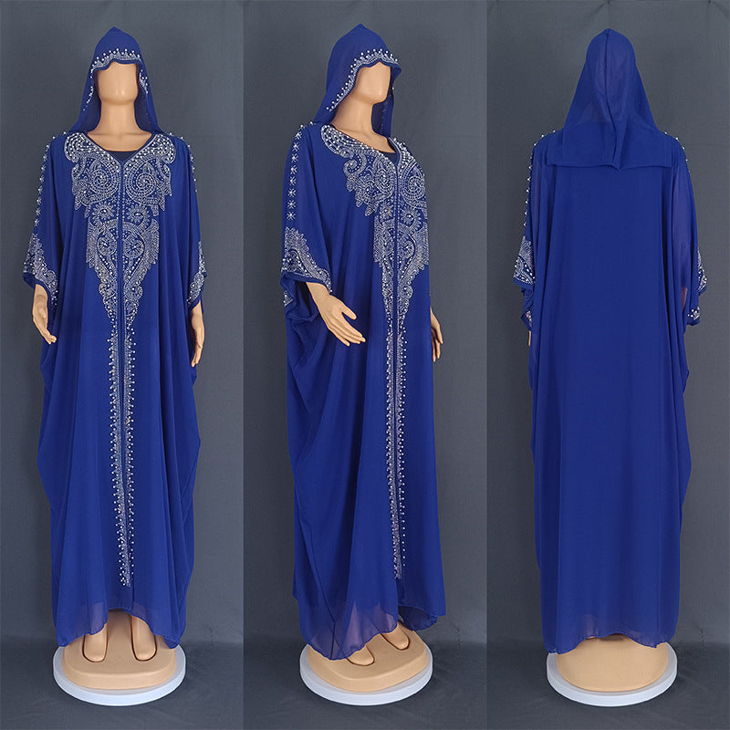 Stylish Rhinestone Beaded Muslim Long Gown African Hooded Dress for E