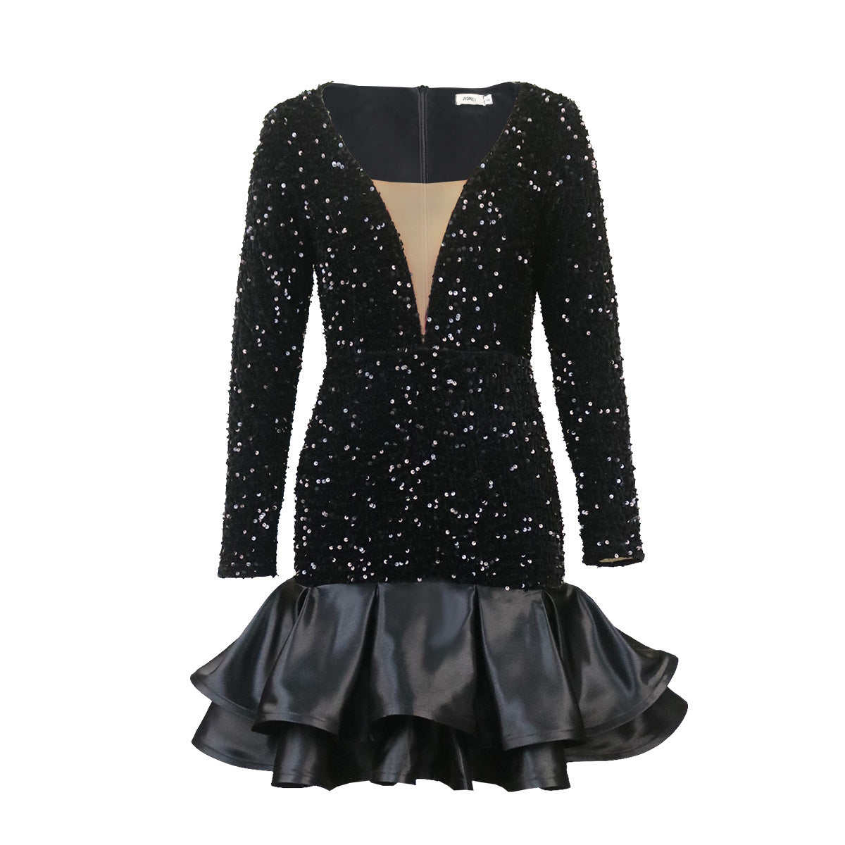 Robe courte transparente à col en V profond avec paillettes pour banquet et soirée
