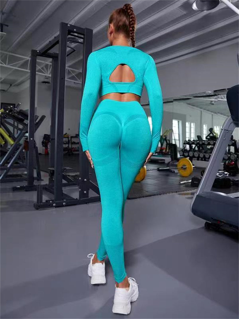 2 pièces Ensembles de sport hauts à manches longues creux et leggings de fitness sans couture taille haute gainante, vêtements de sport pour la gym