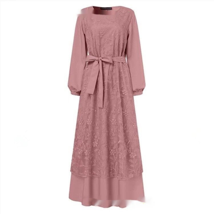 Muslimisches Kleid mit Rundhalsausschnitt und Blumenstickerei