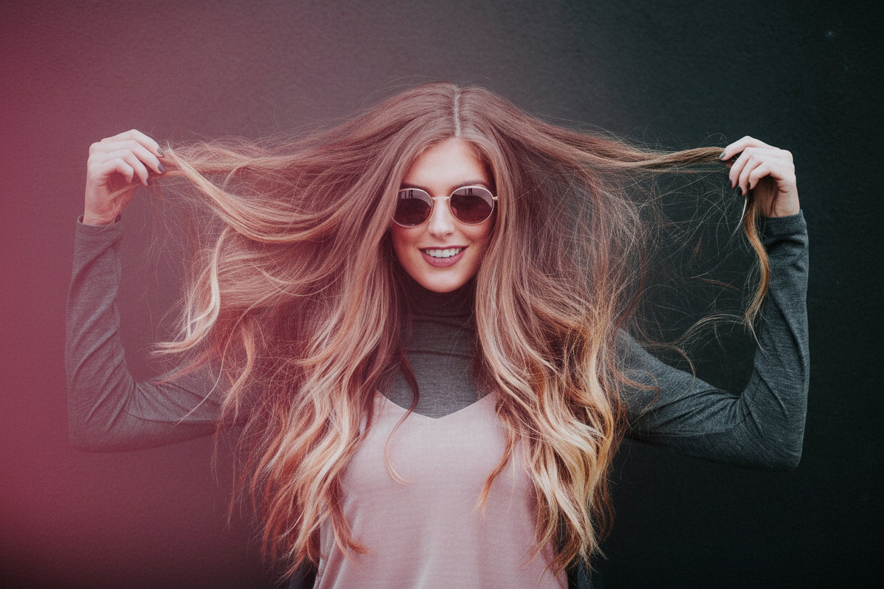 Woman with long, wavy hair holding it in front of a dark background