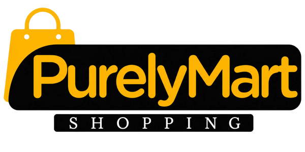 PurelyMart logo with a yellow shopping bag icon on a black background